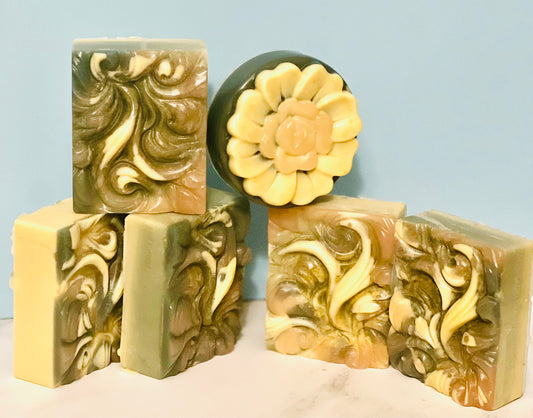 Organic glycerin, Shea, butter soap infused with yellow Brazilian, clay and blue Cambrian clay